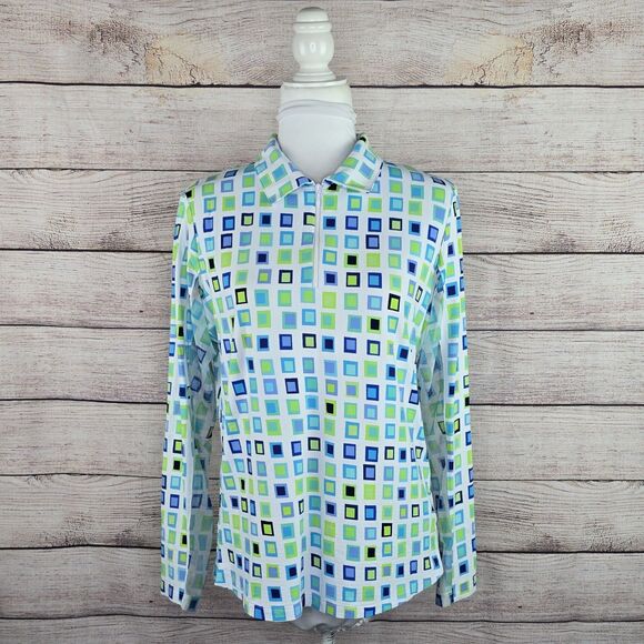 Women's IBKUL Eloise Quarter Zip Geometric Print Golf Polo Pullover Mesh Large - Picture 1 of 8